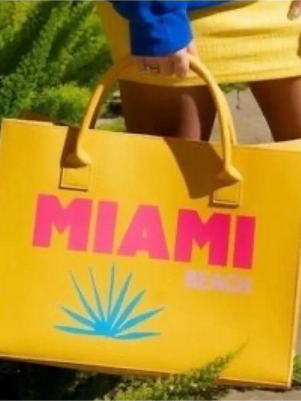 Yellow Miami Beach Graphic Tote Bag with Pink Logo